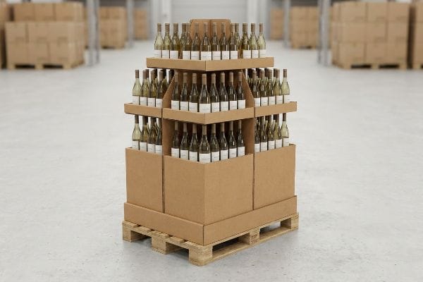 Corrugated cardboard pallet display, pre-filled with light wine bottles, optimized for Product Display Quickly in a warehouse.