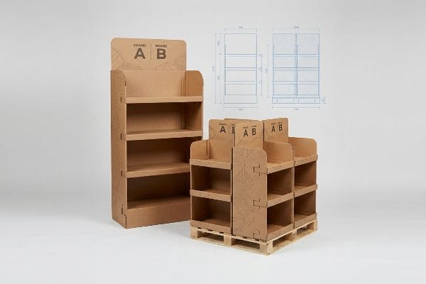Natural E-flute corrugated FSDU displays: a multi-tiered shelving unit and a fractional quarter-pallet on a wooden pallet, both featuring Brand A B.