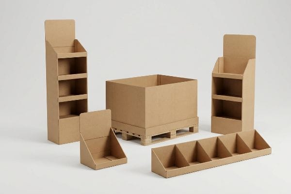 Cardboard Display Units Assortment Plain brown corrugated cardboard displays: two floor stands, a pallet box, a countertop unit, and a multi-compartment shelf tray.