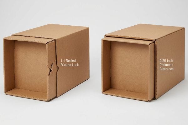 Friction Lock vs Clearance Brown corrugated cardboard boxes illustrate a 1:1 Nested Friction Lock versus a 0.25-Inch Perimeter Clearance for smooth retail unpacking.