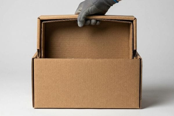 Brown corrugated cardboard boxes, one being pulled from another by a gloved hand, illustrating nested shipper friction.