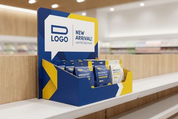 POP Display New Arrival Blue and yellow POP display featuring 'New Arrival! Limited Edition' Product Protein Cofa pouches on a retail shelf.