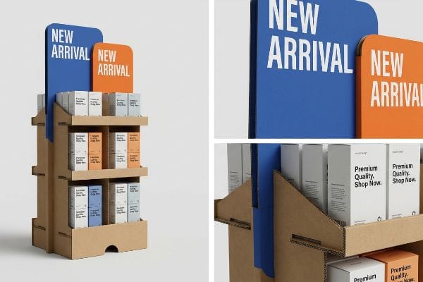 Kraft cardboard point of purchase display with blue and orange 'New Arrival' headers, showcasing 'Premium Quality' product boxes.