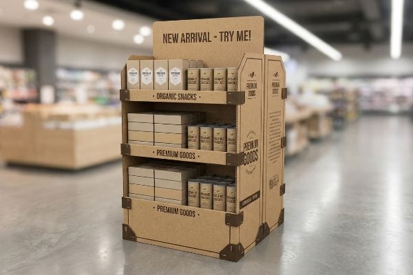 Cardboard POP Display A three-tier corrugated cardboard point of purchase display, featuring a 'New Arrival - Try Me!' header, 'Organic Snacks' and 'Premium Goods' on shelves, with brown boxes and cylindrical containers, in a retail store.