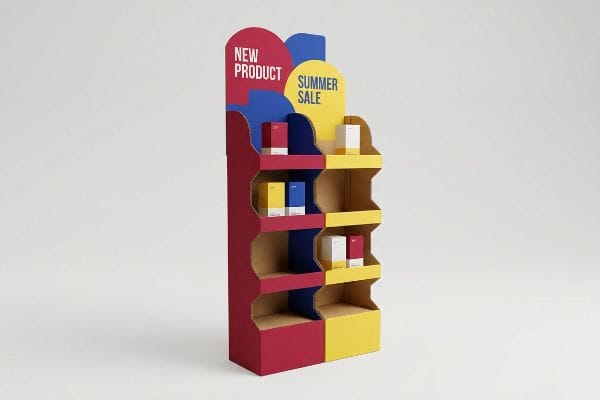 Corrugated floor display with vibrant red and yellow spot colors, featuring die-cut headers for New Product and Summer Sale promotions.