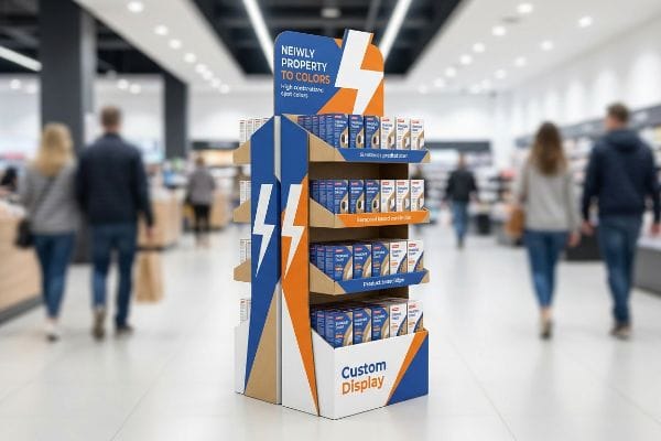 Custom Cardboard Display Corrugated cardboard retail floor display with blue and orange high-contrast spot colors, 'Newly Property To Colors' header, and 'Custom Display' branding.