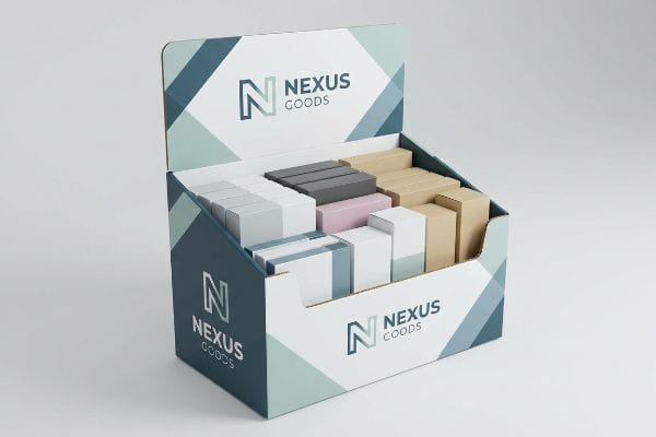 Nexus Goods Display Box Nexus Goods point of purchase display filled with multi-colored product boxes, featuring a geometric teal and white design.