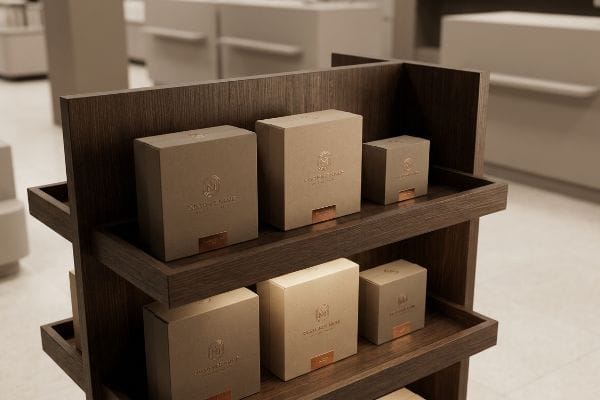 A dark wood retail merchandising shelf displays six "Nicholas Mahe Paris" custom-packaged boxes with gold foil logos and copper accents.