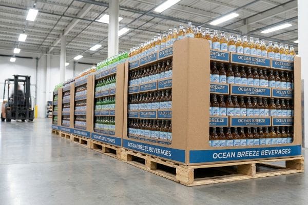 Ocean Breeze Pallet Displays Warehouse floor displays Ocean Breeze Beverages on corrugated pallets, with a forklift nearby.