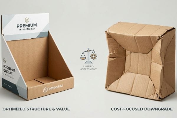 Corrugated cardboard Premium Retail Display, optimized structure, contrasts with a buckled, flimsy, cost-focused downgrade box, separated by a Unified Assessment icon.