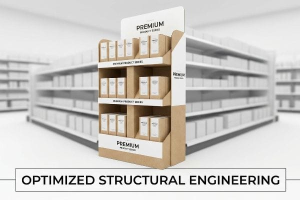 A retail endcap display showcases Premium Product Series boxes made from sturdy brown cardboard, highlighting optimized structural engineering for retail.