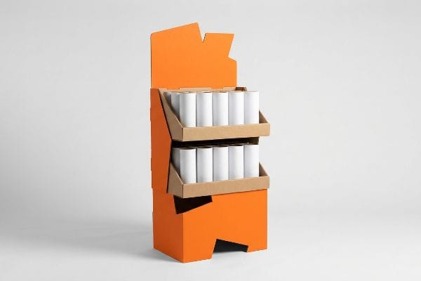 Orange Two-Tier POP Display Orange corrugated cardboard two-tier point-of-purchase display holding white cylindrical products for retail merchandising.