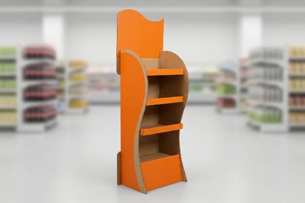 Orange corrugated cardboard POS display with curvy shelves for retail visual disruption.