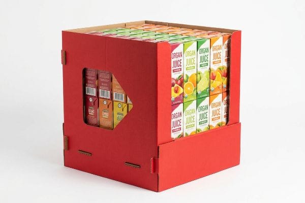 Organ Juice Display Box Red corrugated cardboard point-of-purchase display box showcasing multi-flavor Organ Juice cartons, including plum, orange, lime, and mango.