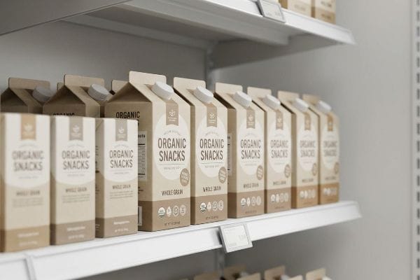 Organic Snacks Shelf Display Rows of brown Organic Snacks Whole Grain cartons with white caps line a clean grocery shelf.