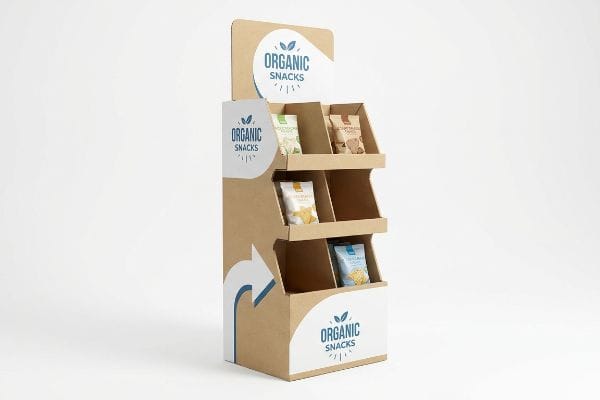 Organic Snacks Display Kraft corrugated display for Organic Snacks, featuring three tiers of snack bags and a prominent arrow graphic.