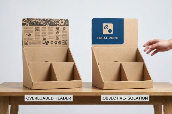 Two corrugated cardboard retail displays on a wooden table, contrasting an Overloaded Header with text and QR codes against an Objective-Isolation header featuring a blue Focal Point logo.