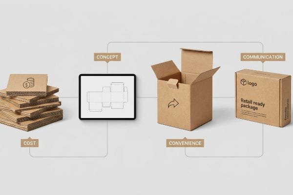 Packaging Design 4 C's Corrugated packaging design process: Cost, Concept, Convenience, Communication visualized.