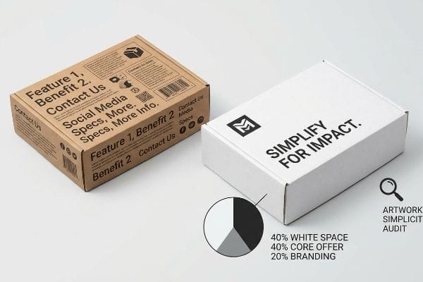 Kraft and white retail boxes compare cluttered design to a 'Simplify For Impact' box, illustrating the 40-40-20 rule for white space, core offer, and branding, with an Artwork Simplicity Audit.
