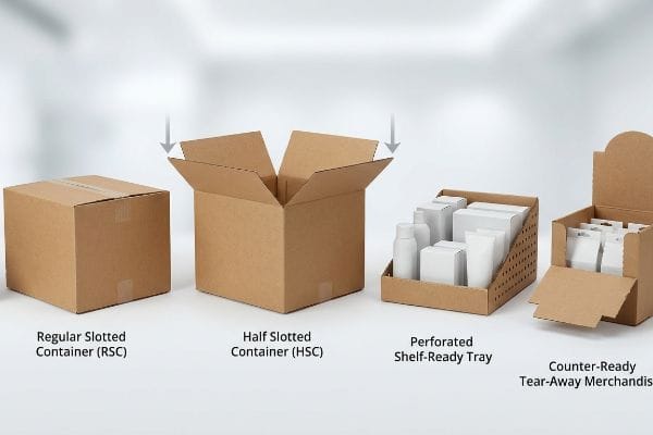 Corrugated Box Types Corrugated cardboard packaging types: Regular Slotted Container (RSC), Half Slotted Container (HSC), Perforated Shelf-Ready Tray, and Counter-Ready Tear-Away Merchandiser.