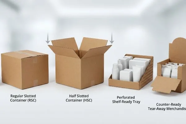 Tipos de cajas de cartón corrugado Tipos de embalaje de cartón corrugado: Contenedor ranurado regular (RSC), Contenedor ranurado medio (HSC), Bandeja perforada lista para estantería y Expositor desmontable listo para mostrador.