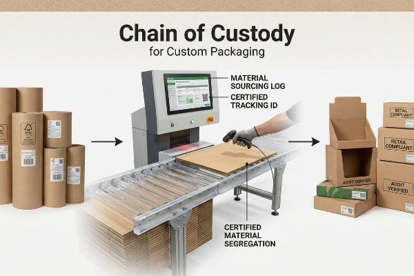 FSC-zertifizierte Kartonrollen werden auf Materialbeschaffungsprotokoll und Tracking-ID gescannt, um die Produktkette für handelskonforme Verpackungen sicherzustellen.