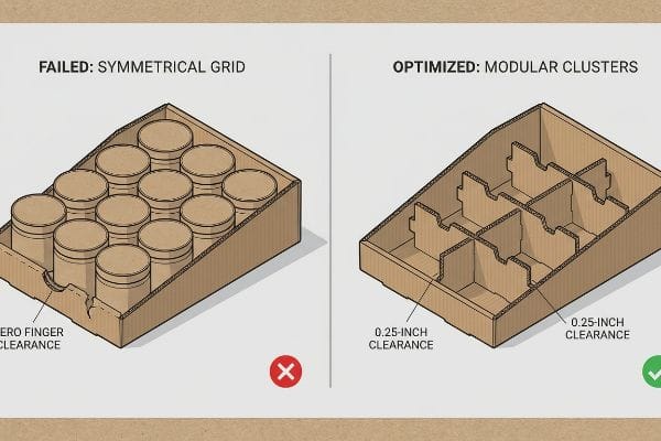 Illustration en carton ondulé comparant une grille symétrique ratée de bocaux sans dégagement pour les doigts à un plateau de grappes modulaires optimisées avec un dégagement de 0,25 pouce.