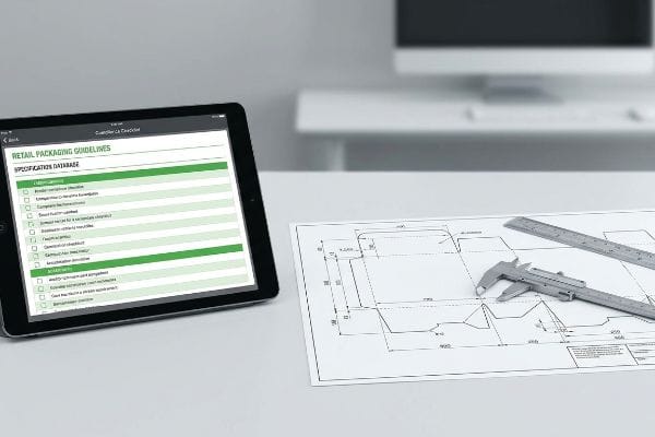 Retail Packaging Guidelines Caliper and ruler on a packaging dieline blueprint, beside a tablet showing Retail Packaging Guidelines and Specification Database.