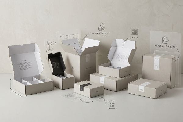 Light beige cardboard boxes, some open with dividers, illustrate Packaging, Place, and Physical Evidence concepts.