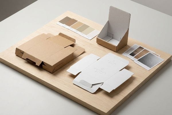 On a light wooden surface, various consumer goods packaging samples are displayed, including a brown kraft mailer box, an open point-of-purchase display, and a white flat-packed carton, alongside material swatches.