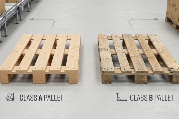 Comparaison des classes de palettes Une palette neuve de classe A et une palette usée de classe B côte à côte sur le sol d'un entrepôt, illustrant les différences structurelles.