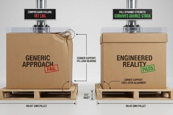 Engineered Pallet Strength Brown corrugated boxes on GMA pallets: Generic Approach fails at 187 Lbs. with 0% corner support; Engineered Reality survives double-stack with 100% deck alignment.