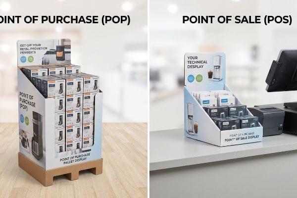 POP vs POS Displays A retail setting comparing a Point Of Purchase (POP) pallet display with a Point Of Sale (POS) countertop display, showcasing "Your Technical Display" products.