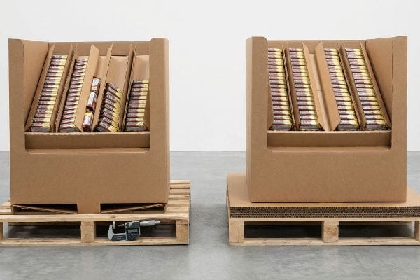 Brown corrugated gravity feed displays on wooden pallets, one with a digital micrometer measuring base deflection, filled with gold and maroon products.