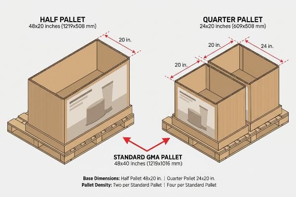 Corrugated open-top half pallet (48x20 inches) and two quarter pallets (24x20 inches) on a Standard GMA Pallet (48x40 inches), showing retail display density.