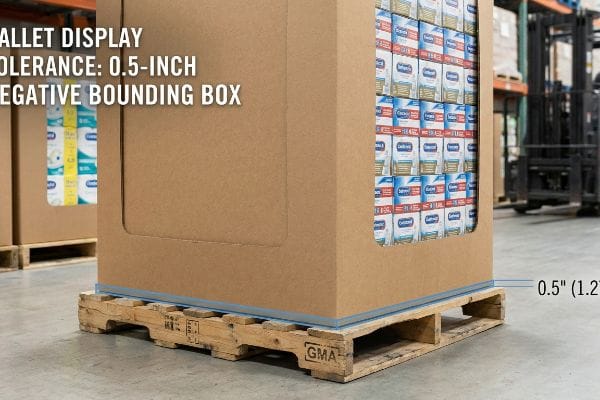 Pallet Display Tolerance Brown corrugated pallet display with a 0.5-inch negative bounding box tolerance, indicated by a blue line, on a GMA wooden pallet showcasing Goldleaf product cartons in a warehouse.