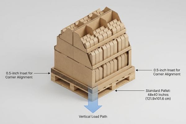 Pallet Display Load Path Corrugated cardboard pallet display on a 48x40 inch standard pallet, highlighting the 0.5-inch inset for corner alignment and vertical load path.