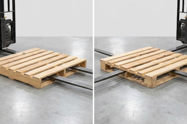Light brown wooden pallets demonstrating 2-way and 4-way forklift access with steel tines.