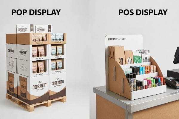 A wooden pallet supports a Corrandit Pop Display, contrasted with a Micro-Fluted Pos Display on a retail counter.
