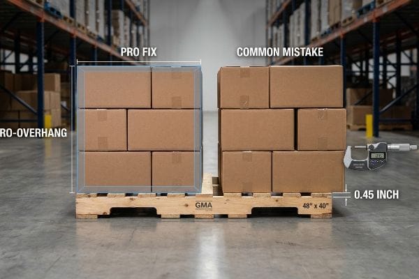 Pallet Overhang Comparison Brown cardboard boxes are stacked on two GMA 48 x 40 inch pallets, illustrating a Pro Fix zero-overhang versus a Common Mistake with a 0.45 Inch carton overhang measured by a micrometer.