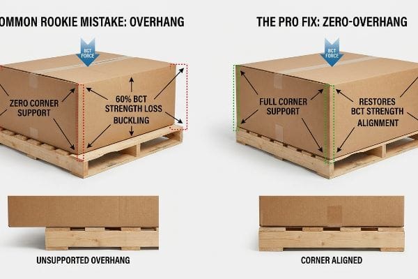Corrugated box comparison on pallet: Common Rookie Mistake Overhang causing 60% BCT Strength Loss Buckling, contrasted with The Pro Fix Zero-Overhang providing Full Corner Support.