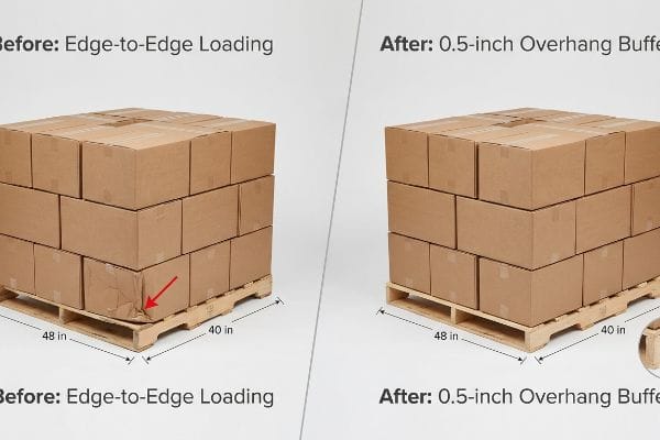Pallet Overhang Damage Prevention Cardboard boxes on a 48x40 inch pallet show Edge-to-Edge Loading damage versus a 0.5-inch Overhang Buffer preventing crushed corners.