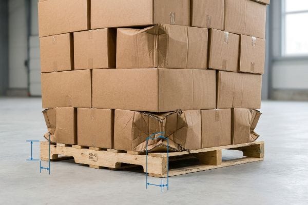 Pallet Overhang Crush Damage Bottom-tier corrugated boxes crushed on a 48x40 GMA pallet due to overhang, with unsupported vertical corners visible.