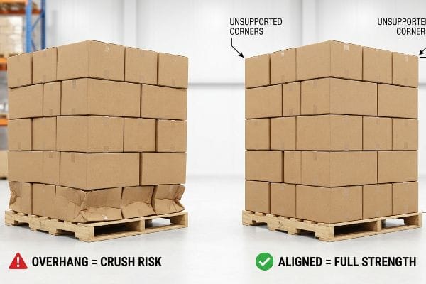 Brown cardboard boxes on pallets comparing Overhang = Crush Risk with crushed boxes to Aligned = Full Strength.