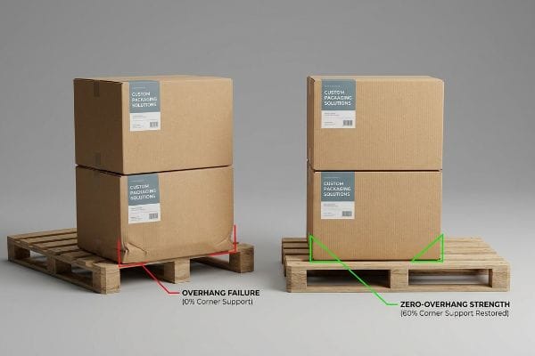 Overhang Failure Pallet Corrugated boxes on a pallet show Overhang Failure (0% Corner Support) with visible buckling.