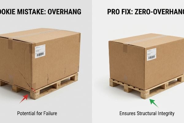 Brown corrugated cardboard boxes on wooden pallets illustrate a Rookie Mistake: Overhang causing Potential for Failure, contrasted with a Pro Fix: Zero-Overhang ensuring Structural Integrity.