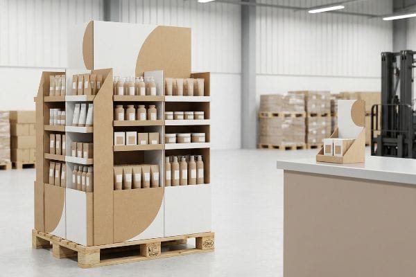 Pallet POP Display Warehouse Kraft cardboard multi-tiered point-of-purchase display on a GMA pallet, showcasing natural product packaging in a warehouse setting.