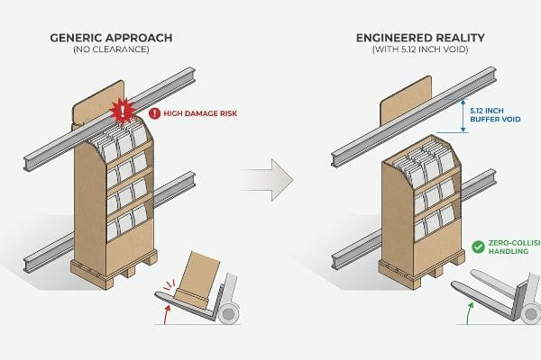 Pallet Racking Clearance Cardboard display comparison: Generic Approach (No Clearance) shows High Damage Risk, while Engineered Reality (With 5.12 Inch Buffer Void) ensures Zero-Collision Handling.