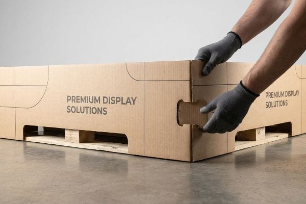 Gloved hands assemble a corrugated pallet skirt with 'Premium Display Solutions' branding, featuring an interlocking tab system.