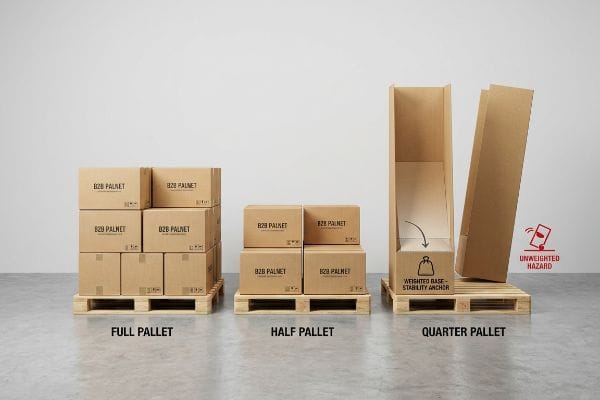 Cardboard boxes labeled B2B Palnet on Full, Half, and Quarter Pallets, highlighting a Weighted Base - Stability Anchor and Unweighted Hazard.